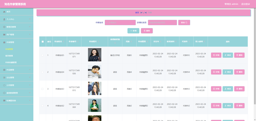 当代中国获奖的知名作家信息管理系统