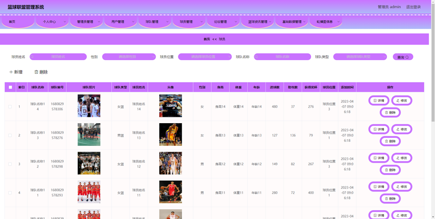 篮球联盟管理系统模板截图