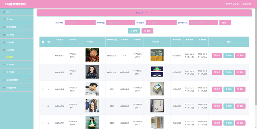 当代中国获奖的知名作家信息管理系统模板截图