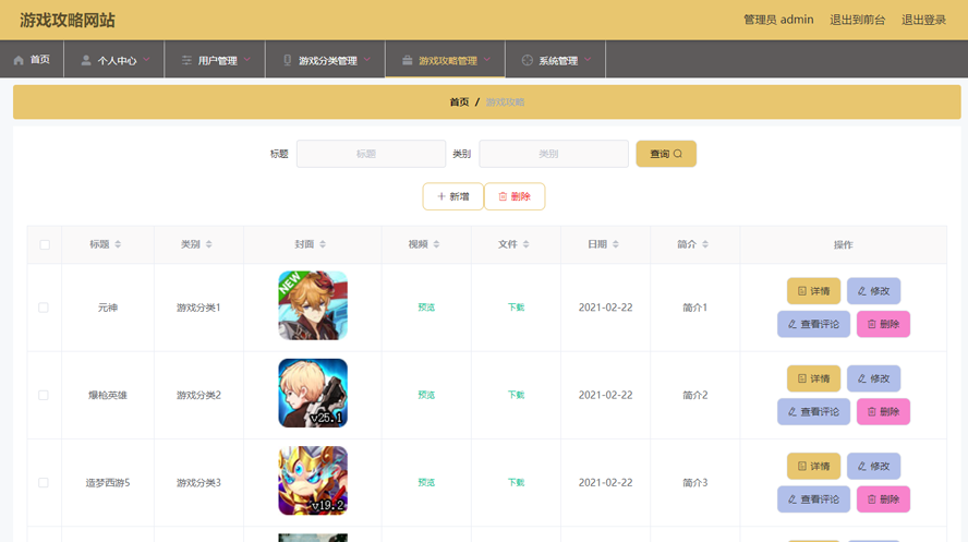 游戏攻略网站的设计与实现模板截图